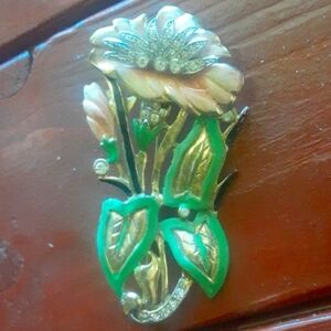 Floral Enamel Brooch with Green Leaves 1940's Brooch